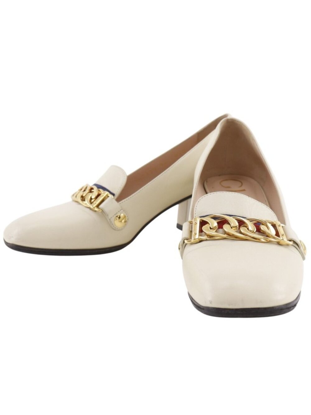 Gucci Sylvie Sherry Line Chain Leather Ivory Pumps Heel